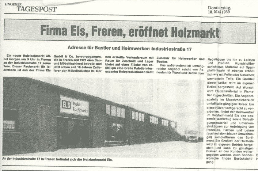 Eröffnung Holzfachmarkt Els Zeitungsausschnitt
